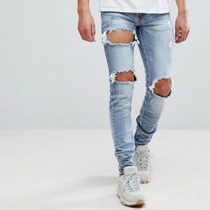 Crysp Denim Mens Jeans 32x32 Ripped Distressed Skinny Slim Ankle Zip Light Wash